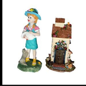 Girl in Blue with Dog & Tiny Cottage w/ Pup - Charming Décor for Dog Lovers